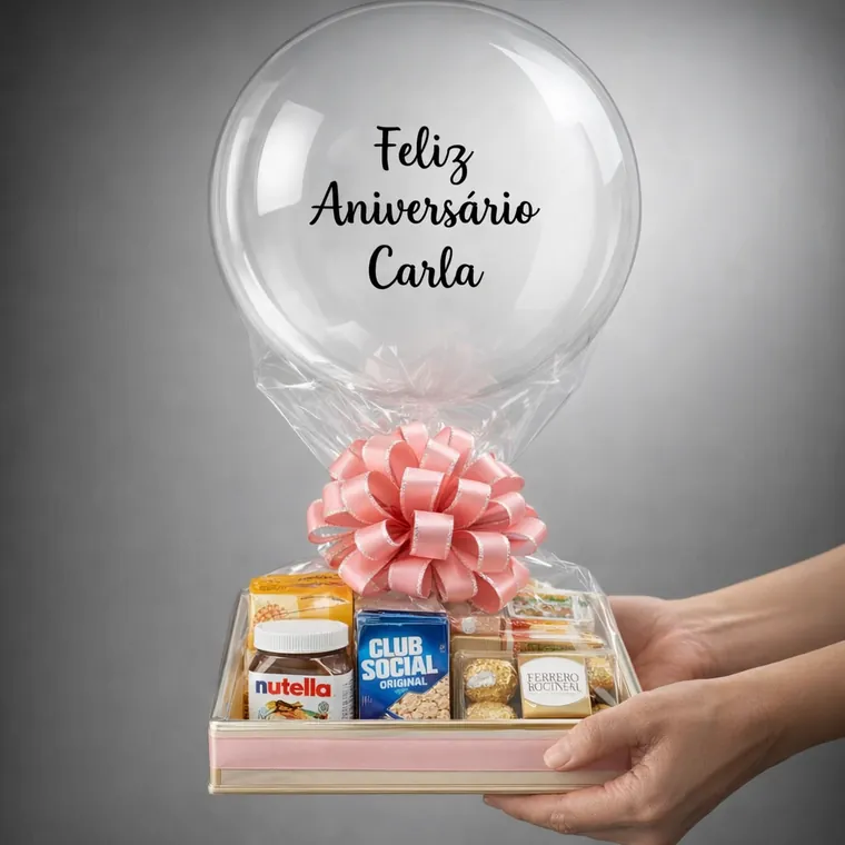 Cesta com balão Feliz Aniversário