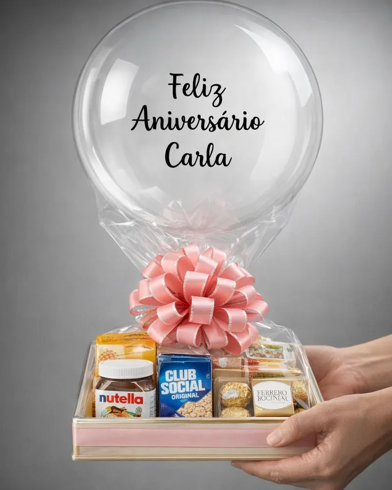 Cesta de café da manhã personalizada com balão Feliz Aniversário